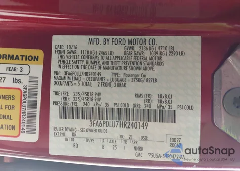2017 Ford Fusion Hybrid Se z USA, uszkodzony, nr VIN 3FA6P0LU7HR240149